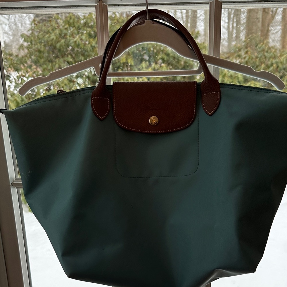 Longchamp Paris Elegant Teal Tote Bag with Brown Accents